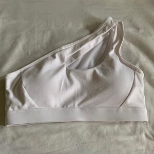 AMAZON One Shoulder Mesh and Fabric Strappy Sport Bra Top - White